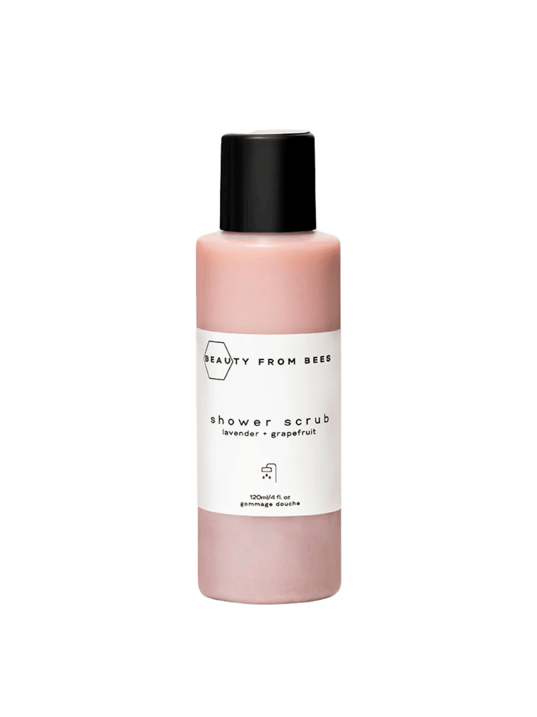 Beauty from Bees Shower Scrub | Twentyseven Toronto | Pink bottle of shower scrub with black cap