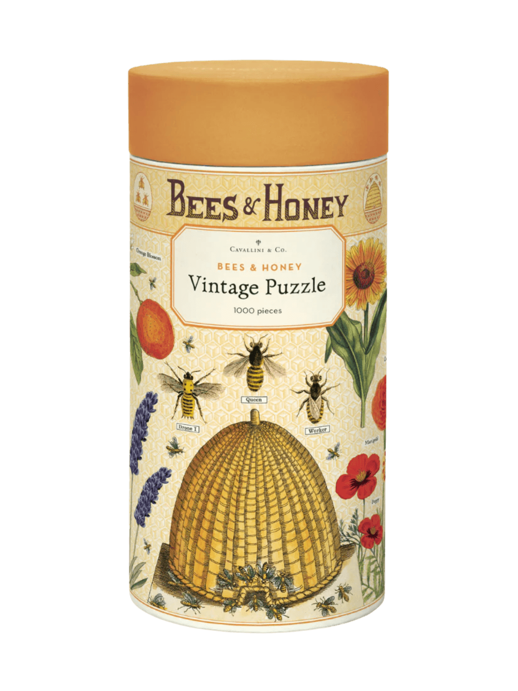 A cylindrical cardboard puzzle tube featuring an orange cap and vintage bee illustrations for the Cavallini Paper & Co Bees & Honey 1000 Piece Puzzle | Twentyseven Toronto