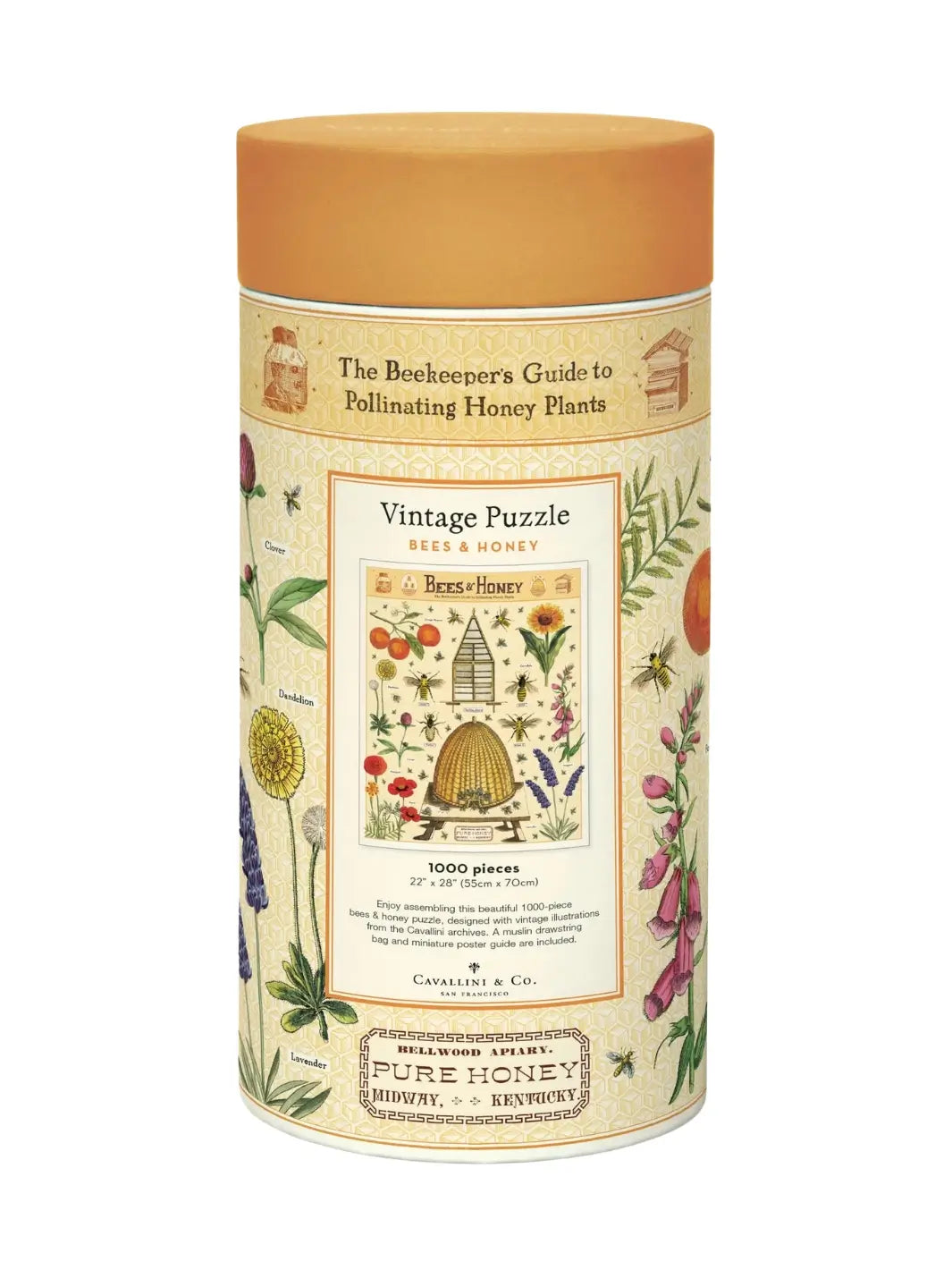 Cylindrical packaging for the Cavallini Paper & Co Bees & Honey 1000 Piece Puzzle featuring vintage illustrations of bees, flowers, and a traditional beehive on a light honeycomb pattern background | Twentyseven Toronto