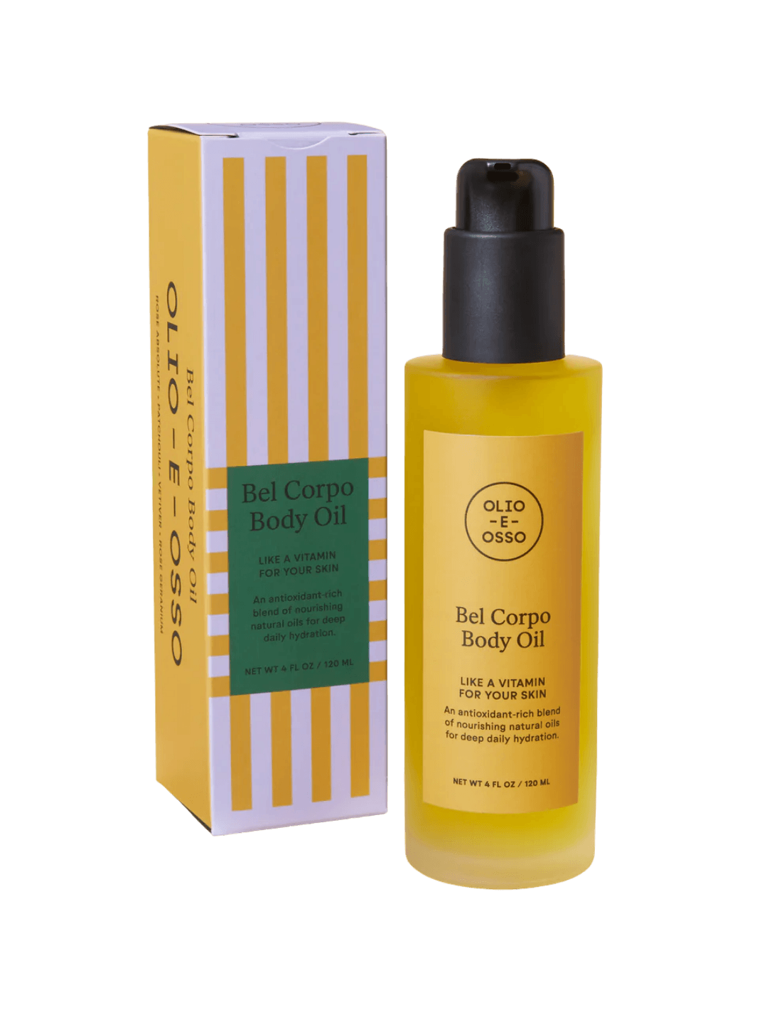 Gold bottle and box of Olio E Osso Bel Corpo Body Oil on a transparent background | Twentyseven Toronto