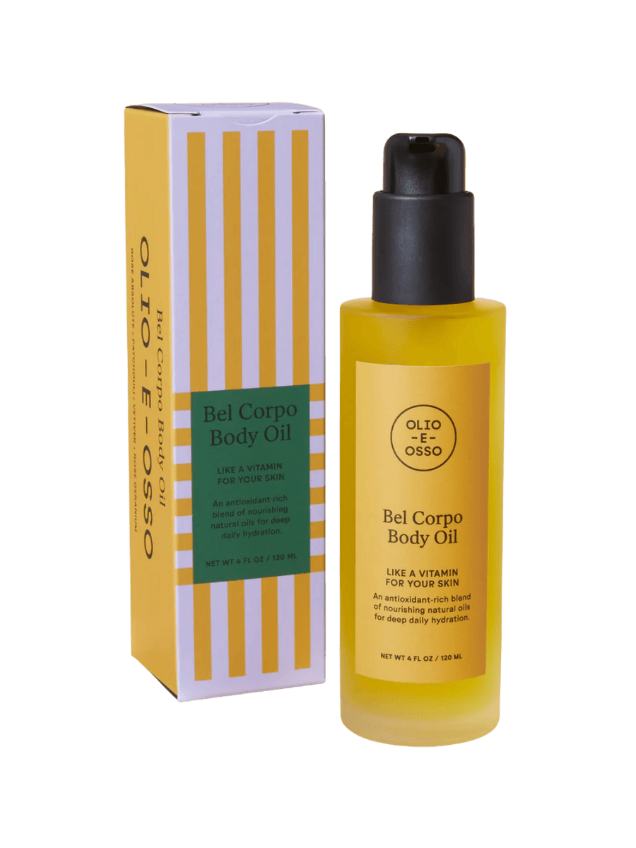 Gold bottle and box of Olio E Osso Bel Corpo Body Oil on a transparent background | Twentyseven Toronto