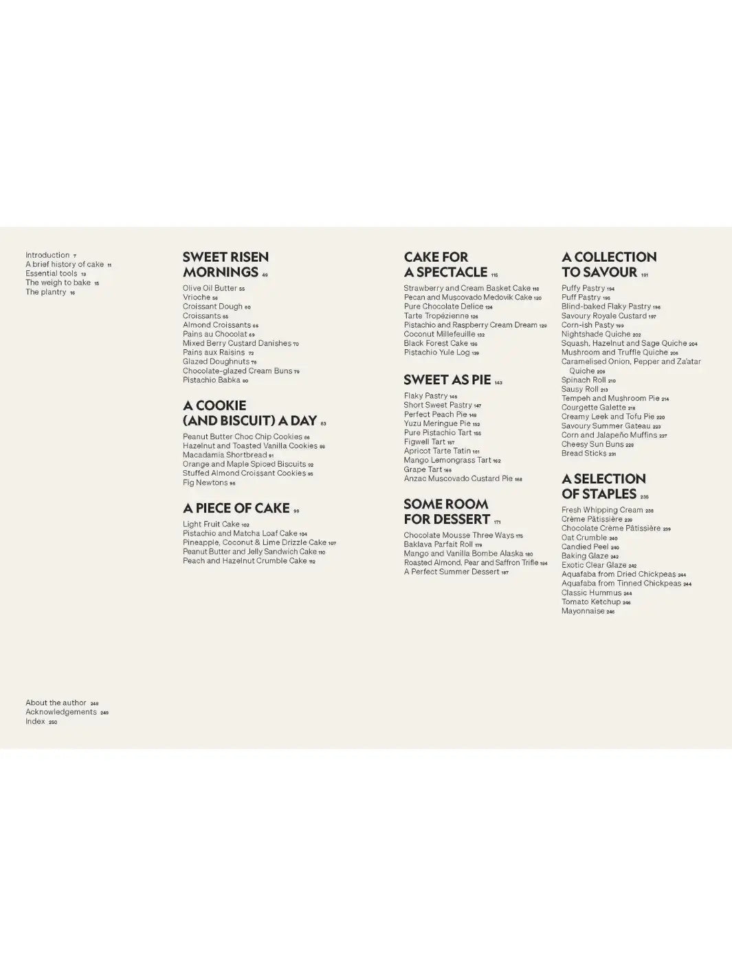 Table of contents spread from Beyond Baking: Plant-Based Baking for a New Era by Philip Khoury, showing categorized recipe sections including "Sweet Risen Mornings," "A Piece of Cake," and "Some Room for Dessert." | Twentyseven Toronto
