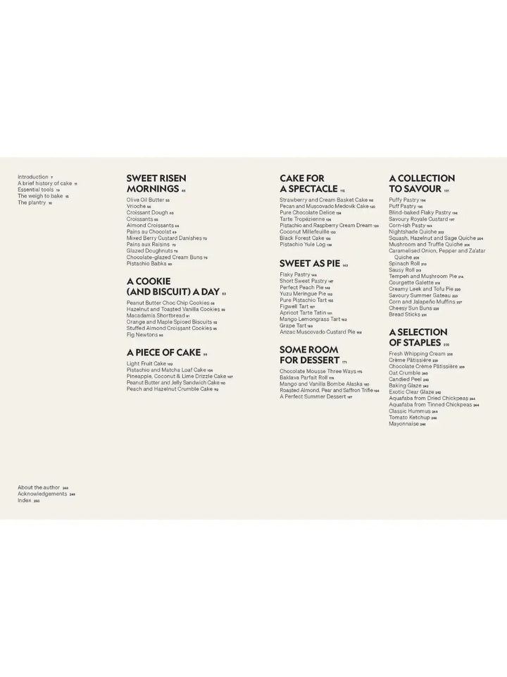 Table of contents spread from Beyond Baking: Plant-Based Baking for a New Era by Philip Khoury, showing categorized recipe sections including "Sweet Risen Mornings," "A Piece of Cake," and "Some Room for Dessert." | Twentyseven Toronto