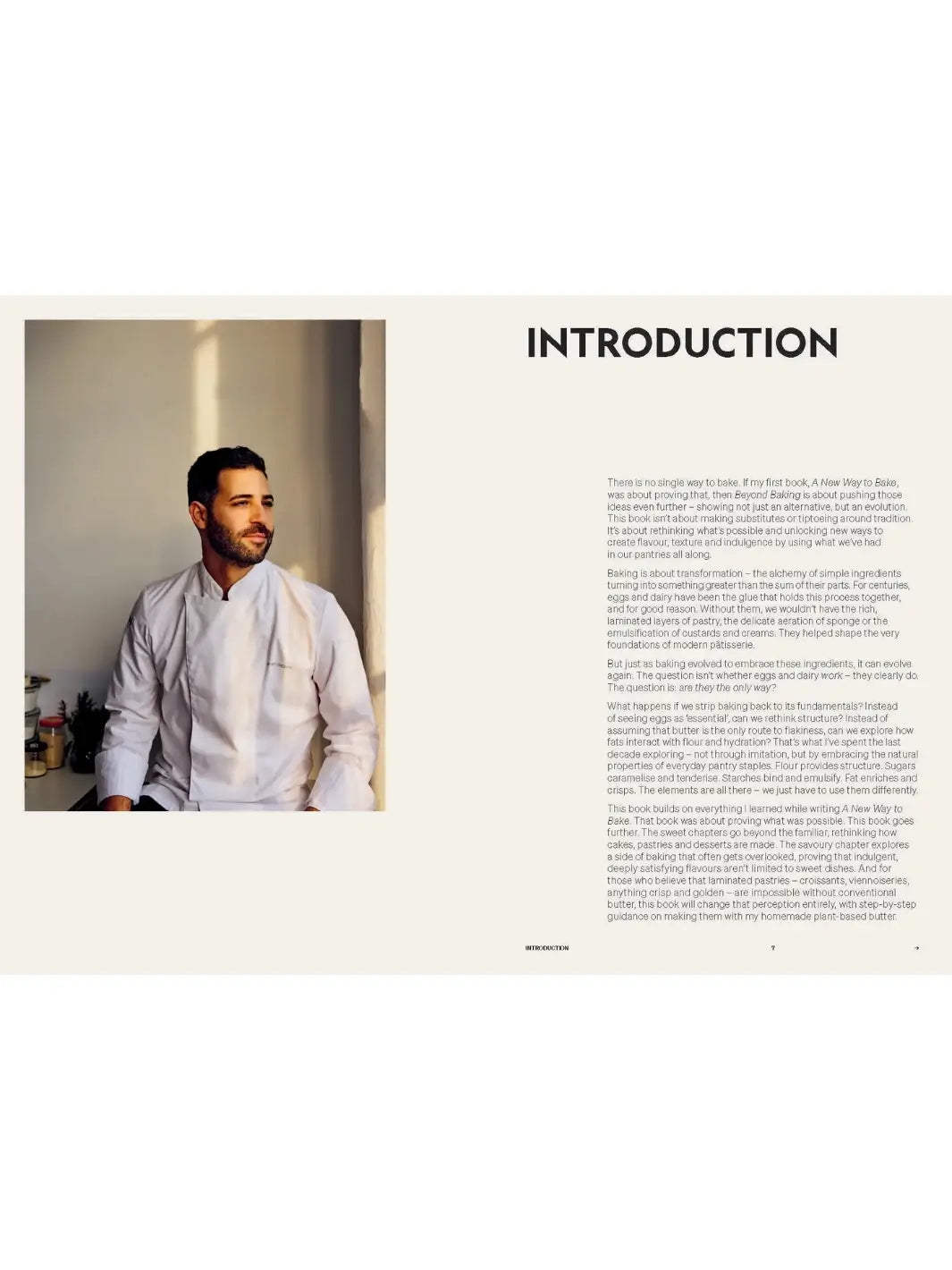 Introduction page of Beyond Baking: Plant-Based Baking for a New Era by Philip Khoury, featuring a portrait of author Philip Khoury in a chef's coat on the left and introductory text on the right | Twentyseven Toronto