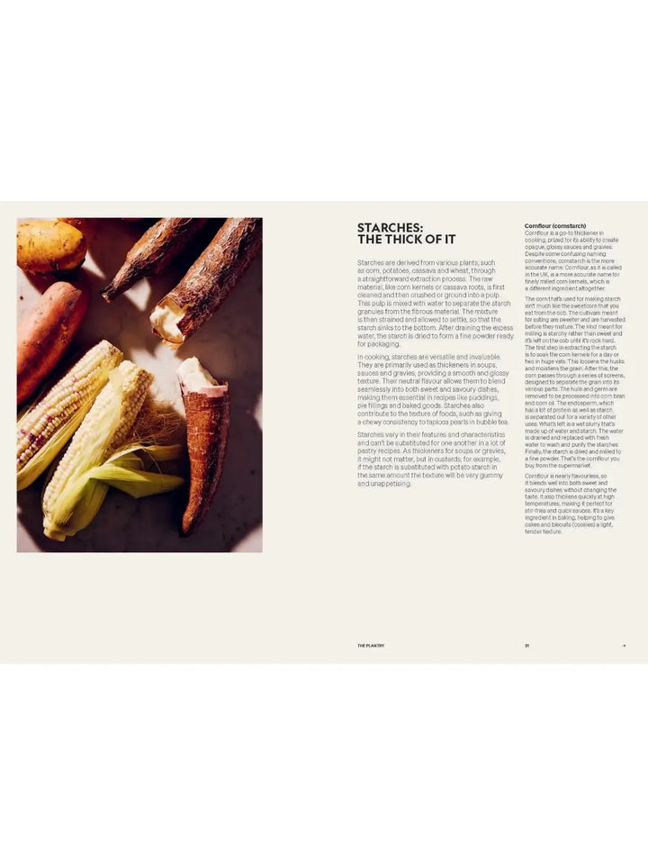Section from Beyond Baking: Plant-Based Baking for a New Era by Philip Khoury titled "Starches: The Thick of It," featuring an image of various raw starches like corn and cassava roots next to descriptive text about cornflour | Twentyseven Toronto
