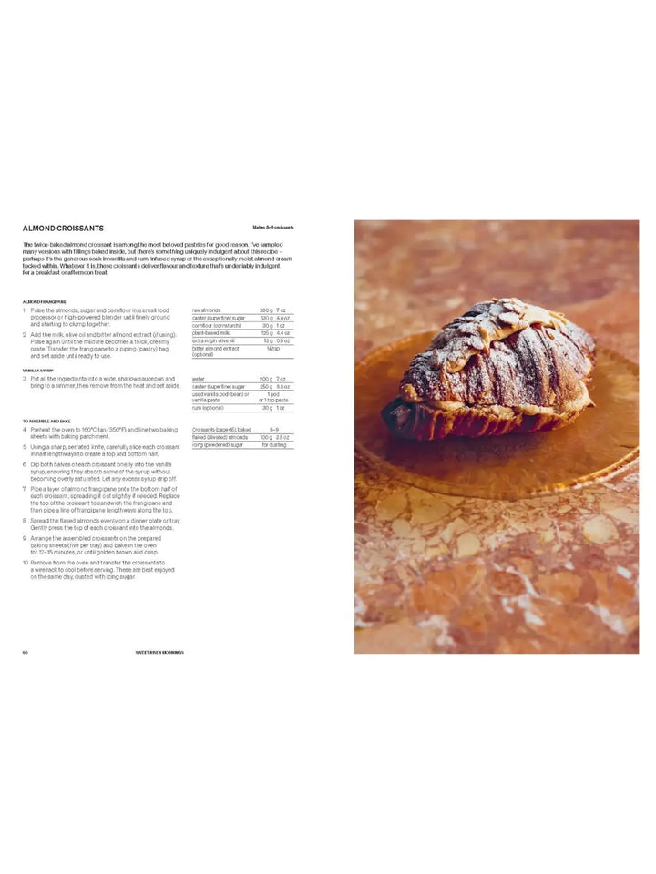 Recipe page for "Almond Croissants" from Beyond Baking: Plant-Based Baking for a New Era by Philip Khoury, featuring detailed instructions and an ingredient list on the left and a close-up photo of a golden, flaky almond croissant on the right | Twentyseven Toronto