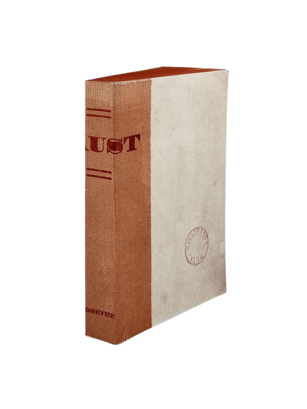 A notebook of Faust from the Slow Design Biblioteca Muta collection features a textured orange-brown gauze spine stamped with bold red typography next to a parchment-style cover bearing a circular library seal | Twentyseven Toronto