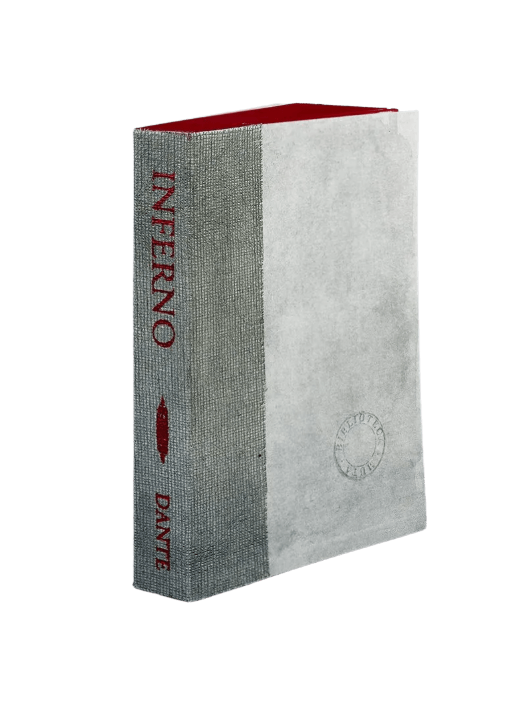 A notebook of Inferno from the Slow Design Biblioteca Muta collection features a textured grey gauze spine stamped with deep red literary typography alongside a pale parchment-style cover bearing a circular library seal | Twentyseven Toronto