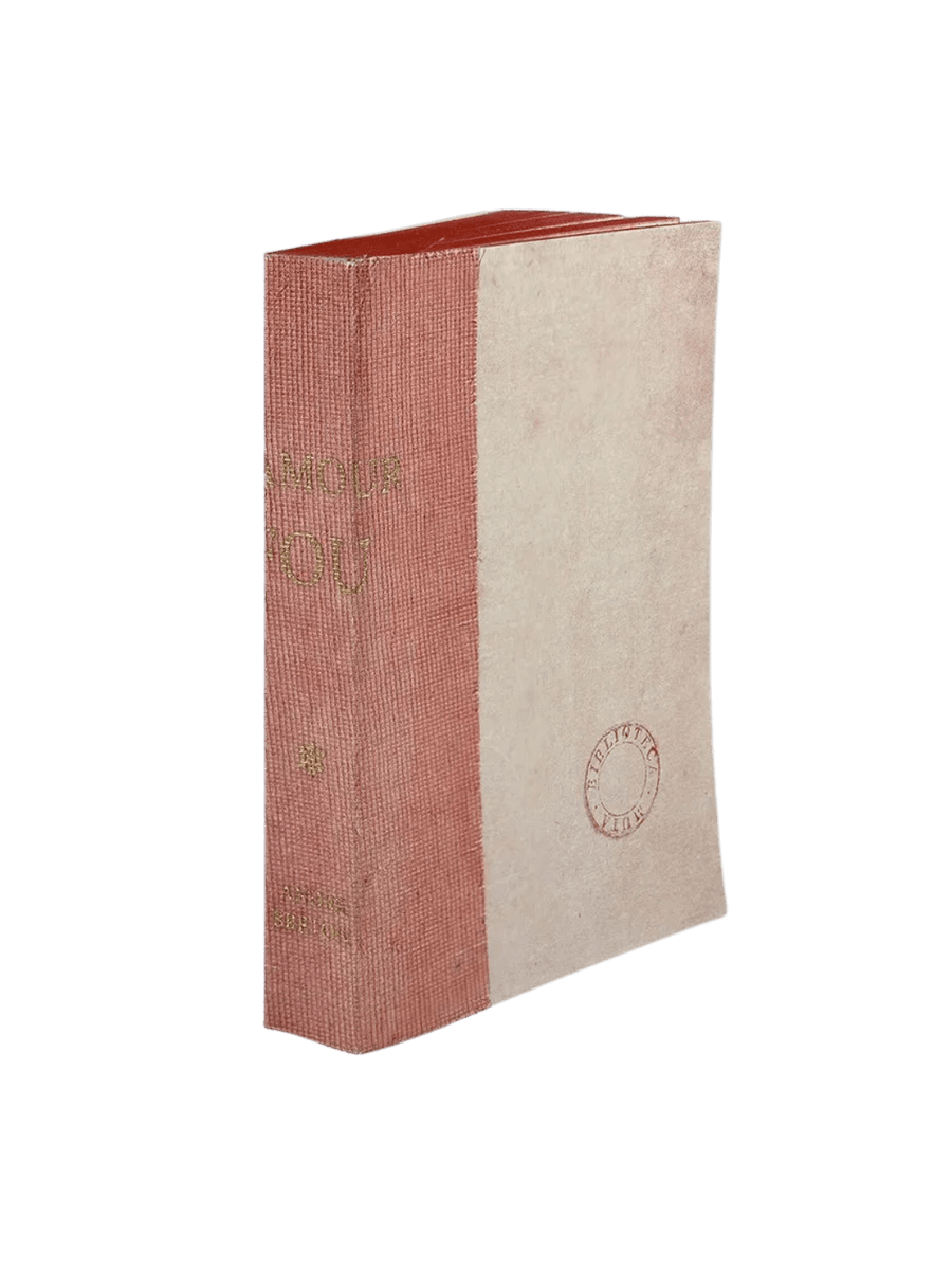 A notebook L'Amour Fou from the Slow Design Biblioteca Muta collection features a textured pink gauze spine stamped with gold literary typography alongside a pale, parchment-style cover bearing a circular library seal | Twentyseven Toronto