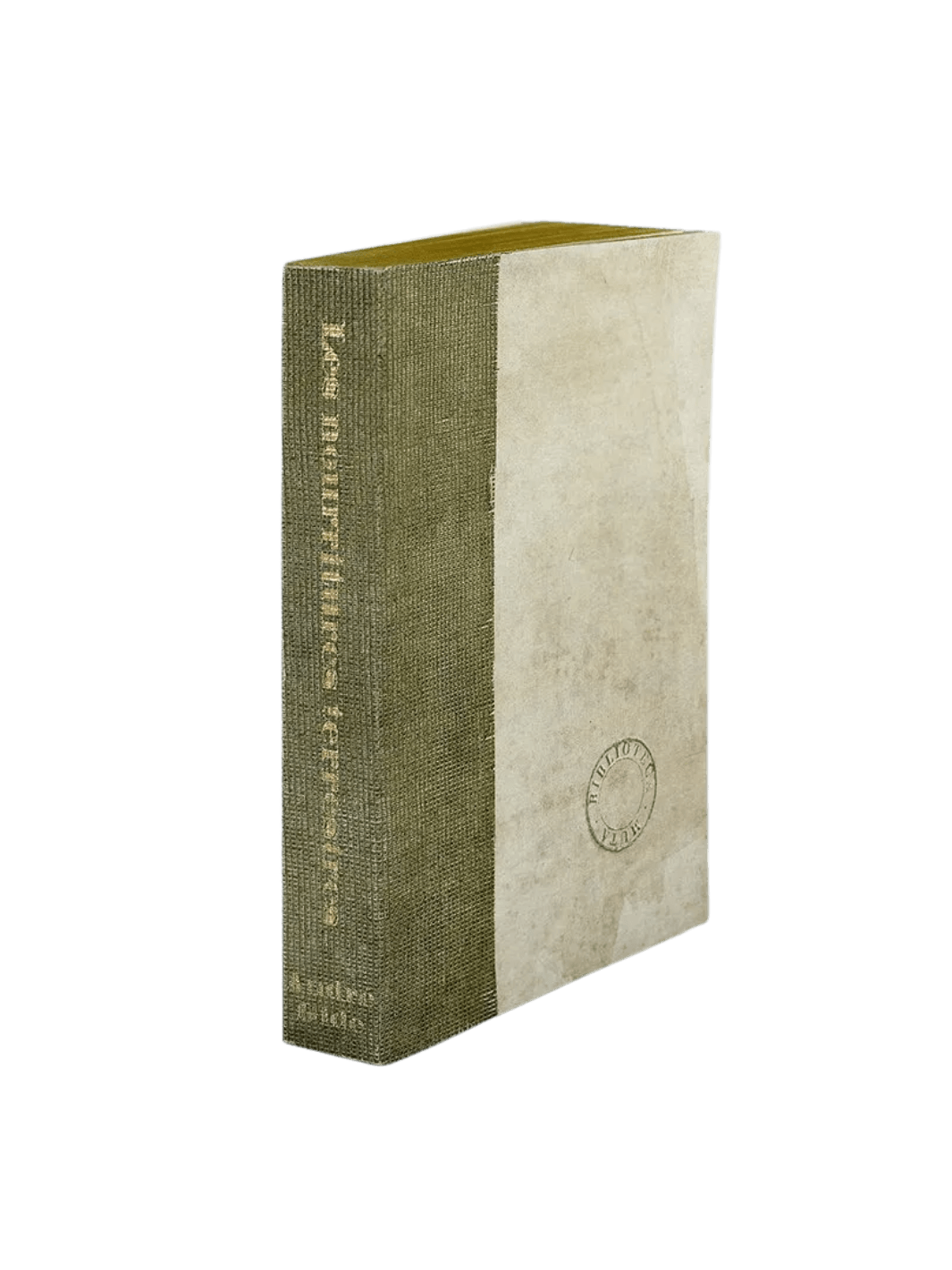 A Biblioteca Muta: Les Nourritures Terrestres journal from Slow Design featuring an olive green gauze spine stamped with a gold literary title alongside a textured, parchment-like cover bearing a circular library seal | Twentyseven Toronto
