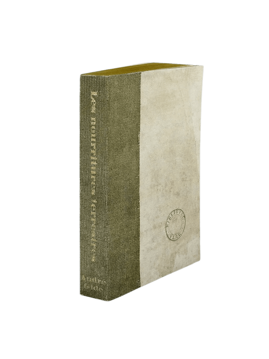 A Biblioteca Muta: Les Nourritures Terrestres journal from Slow Design featuring an olive green gauze spine stamped with a gold literary title alongside a textured, parchment-like cover bearing a circular library seal | Twentyseven Toronto