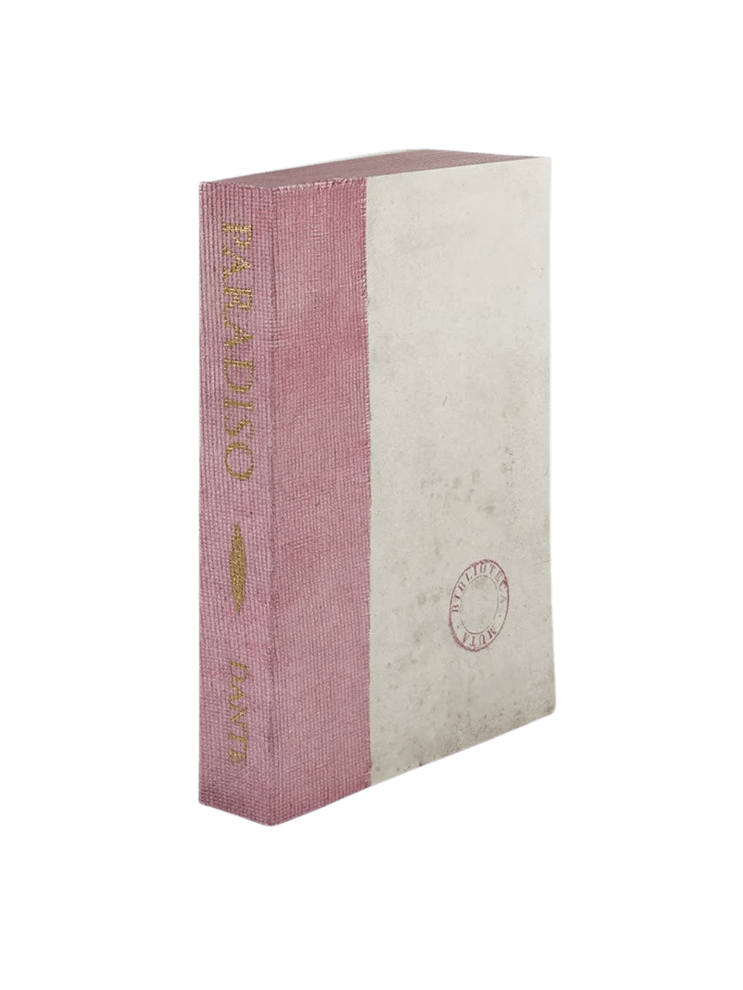 A notebook of Paradiso from the Slow Design Biblioteca Muta collection features a textured lavender-pink gauze spine stamped with elegant gold literary typography alongside a pale parchment-style cover bearing a circular library seal | Twentyseven Toronto