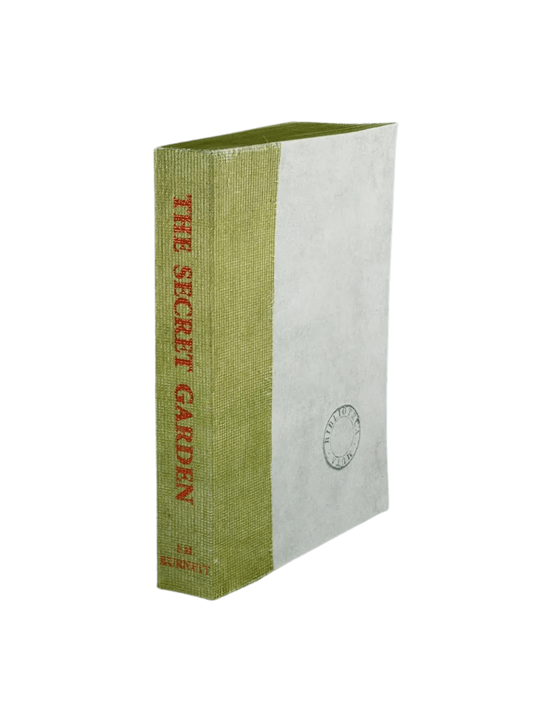 A Biblioteca Muta: The Secret Garden journal from Slow Design featuring a light green gauze spine stamped with a red literary title alongside a textured, parchment-like cover bearing a circular library seal | Twentyseven Toronto