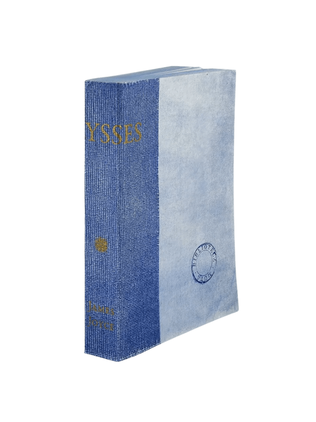 A notebook from the Biblioteca Muta: Ulysses from Slow Design collection features a textured blue gauze spine stamped with gold literary typography alongside a light blue parchment-style cover bearing a circular library seal | Twentyseven Toronto