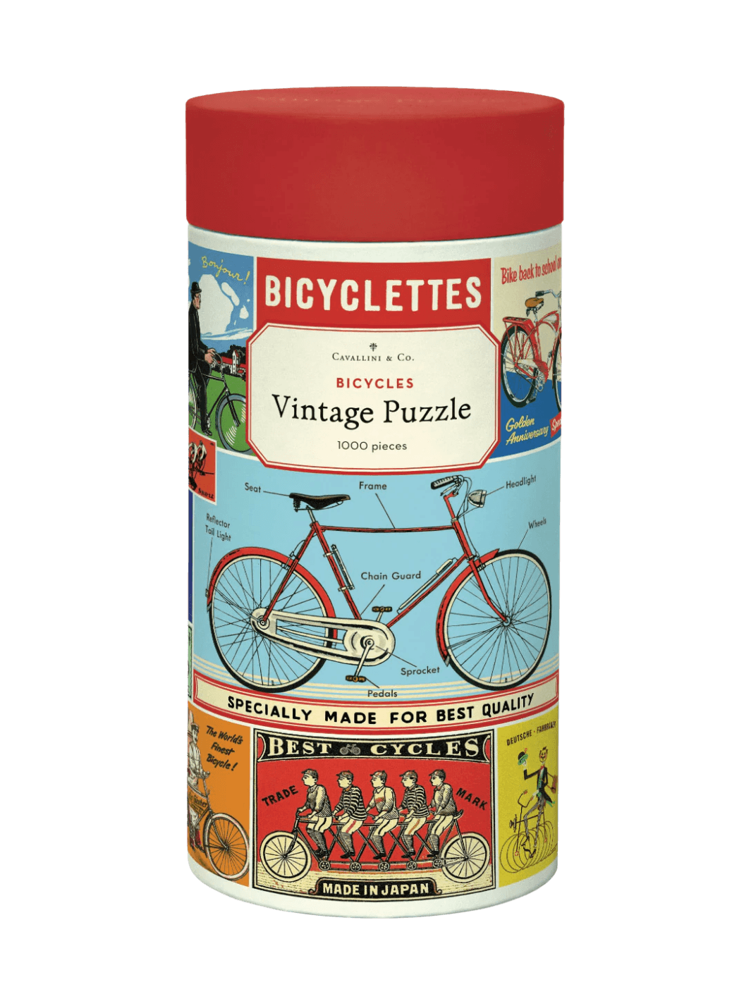 Cylindrical paper tube for the Cavallini Paper & Co Bicycles 1000 Piece Puzzle, highlighting a red diagram of a classic bicycle with labeled parts below its vintage title card | Twentyseven Toronto