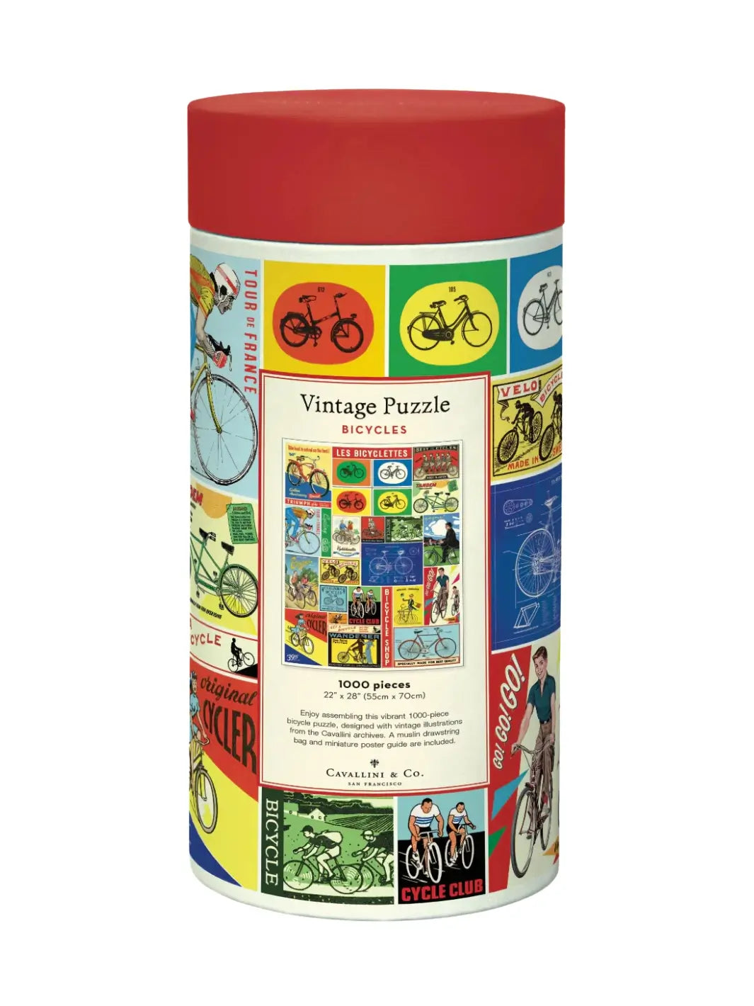 Cylindrical cardboard puzzle packaging container for the Cavallini Paper & Co Bicycles 1000 Piece Puzzle, displaying a colorful collage of vintage bicycle graphics and a red cap against a white background | Twentyseven Toronto
