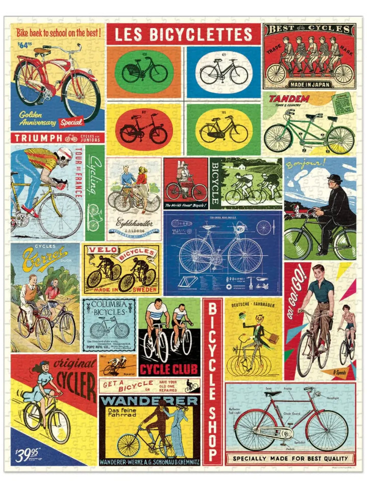 Completed Cavallini Paper & Co Bicycles 1000 Piece Puzzle featuring a detailed retro grid collage titled "Les Bicyclettes" filled with historic bike models, cycling clubs, and classic advertising illustrations | Twentyseven Toronto