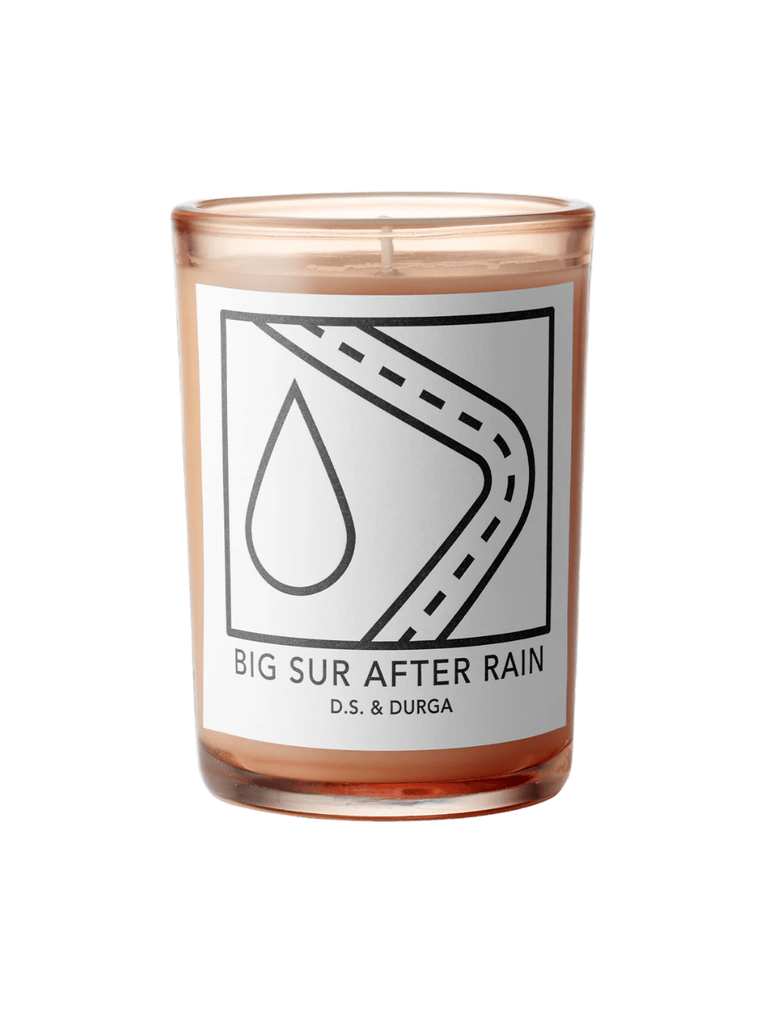 DS&Durga candle in an orange glass jar labeled 'Big Sur After Rain' featuring a raindrop and road designs on a transparent background | Twentyseven Toronto