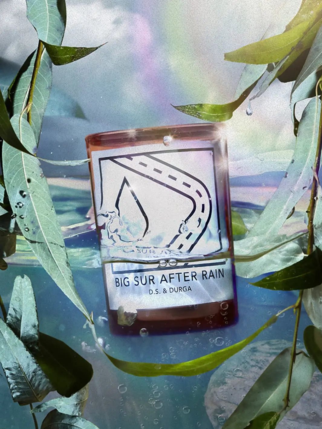 DS&Durga candle labeled 'Big Sur After Rain' in water and plants in the background | Twentyseven Toronto