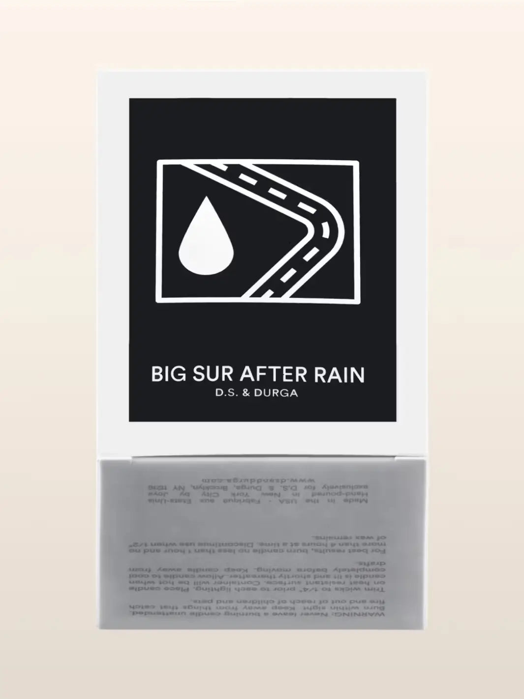 Candle packaging featuring black background and white text labeled 'Big Sur After Rain' by D.S. & Durga | Twentyseven Toronto