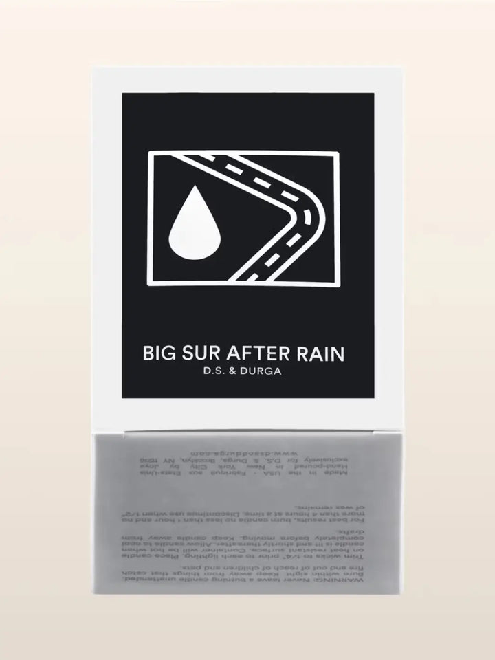 Candle packaging featuring black background and white text labeled 'Big Sur After Rain' by D.S. & Durga | Twentyseven Toronto