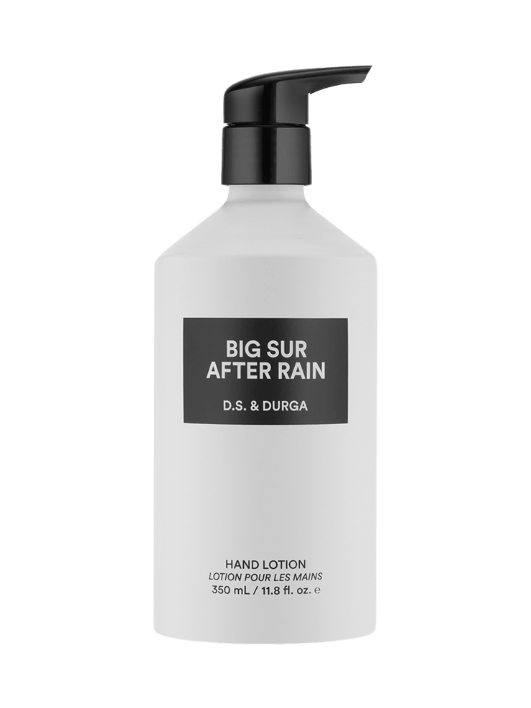 Hand lotion 350ml bottle labeled 'Big Sur After Rain' by D.S. & Durga on a transparent background | Twentyseven Toronto