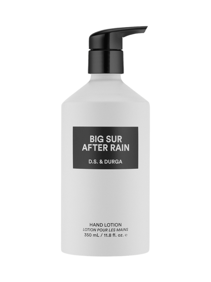 Hand lotion 350ml bottle labeled 'Big Sur After Rain' by D.S. & Durga on a transparent background | Twentyseven Toronto