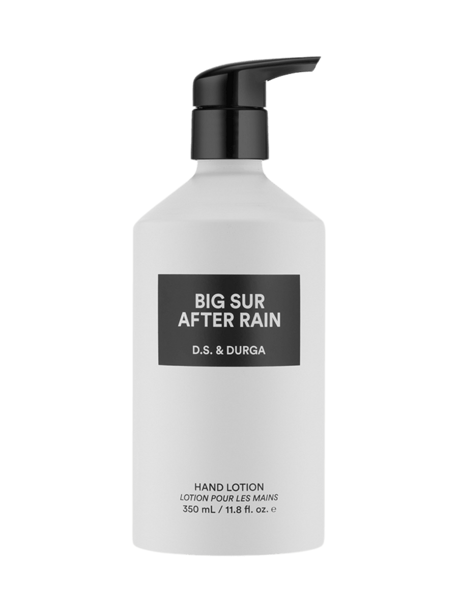 Hand lotion 350ml bottle labeled 'Big Sur After Rain' by D.S. & Durga on a transparent background | Twentyseven Toronto