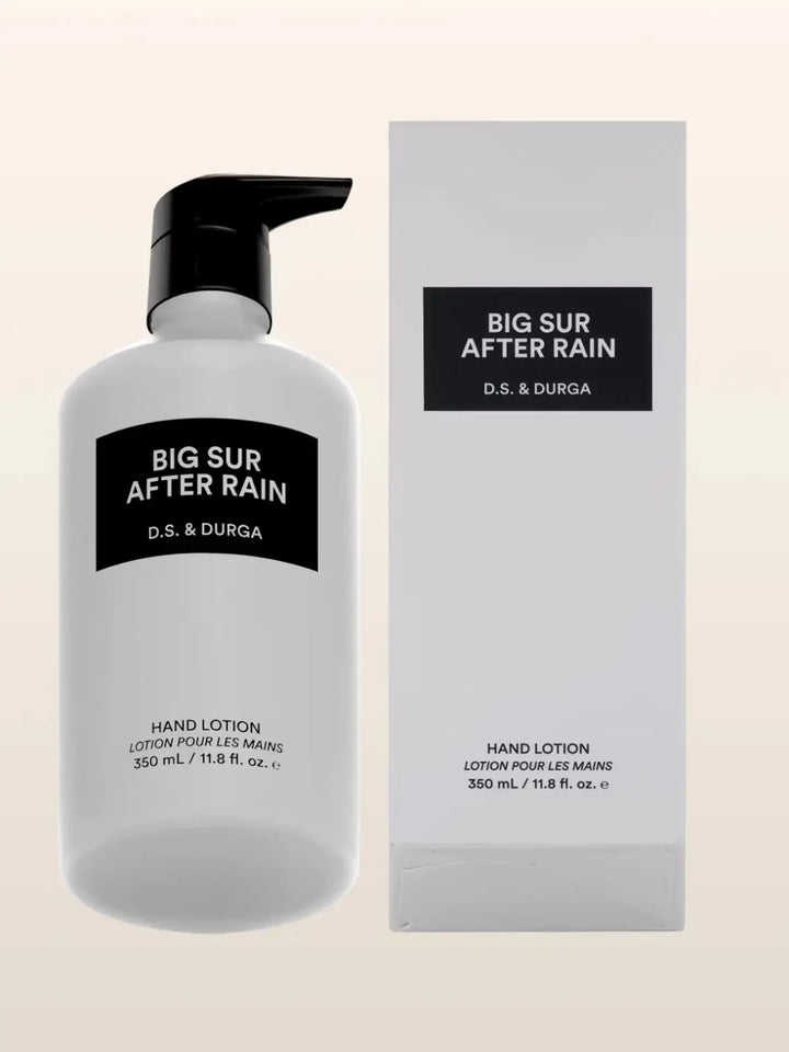 Hand lotion bottle and packaging of 'Big Sur After Rain' by D.S. & Durga on a beige background | Twentyseven Toronto