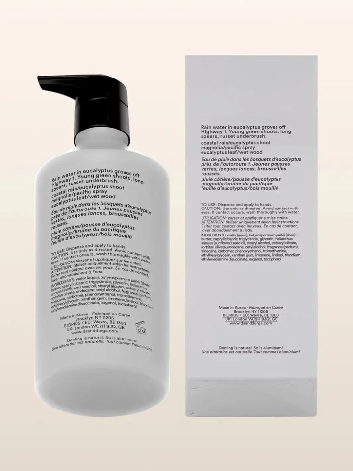 Hand lotion bottle and packaging for 'Big Sur After Rain' by D.S. & Durga on a beige background | Twentyseven Toronto