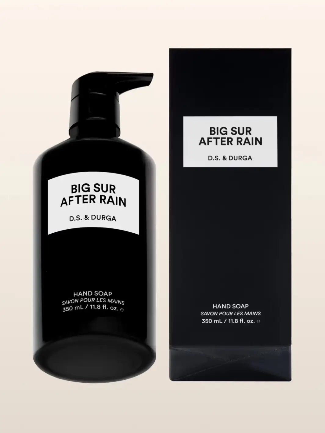 Black hand soap bottle and packaging labeled 'Big Sur After Rain' by D.S. & Durga on a beige background | Twentyseven Toronto