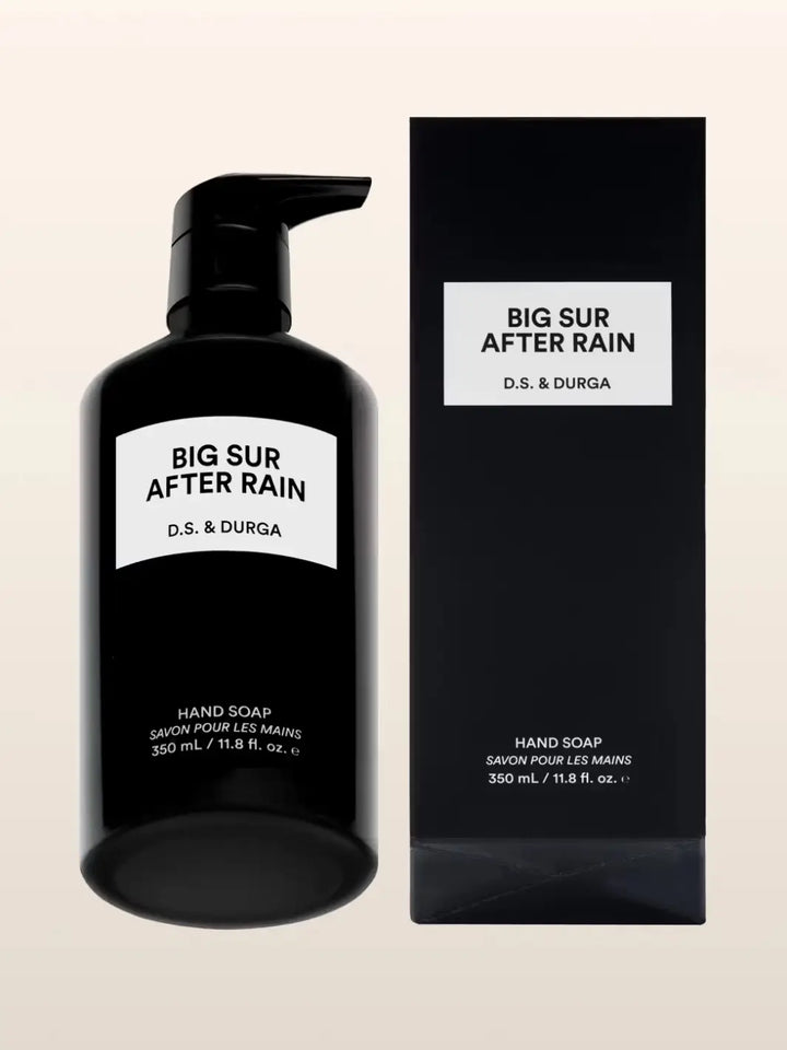 Black hand soap bottle and packaging labeled 'Big Sur After Rain' by D.S. & Durga on a beige background | Twentyseven Toronto