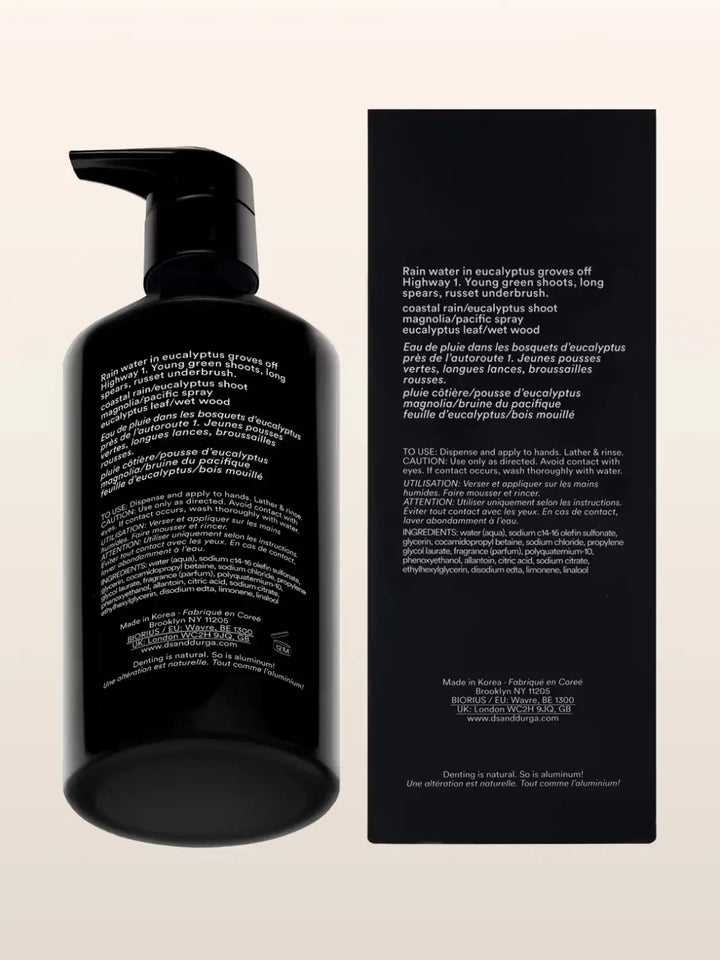 Black hand soap bottle and packaging for 'Big Sur After Rain' by D.S. & Durga on a beige background | Twentyseven Toronto