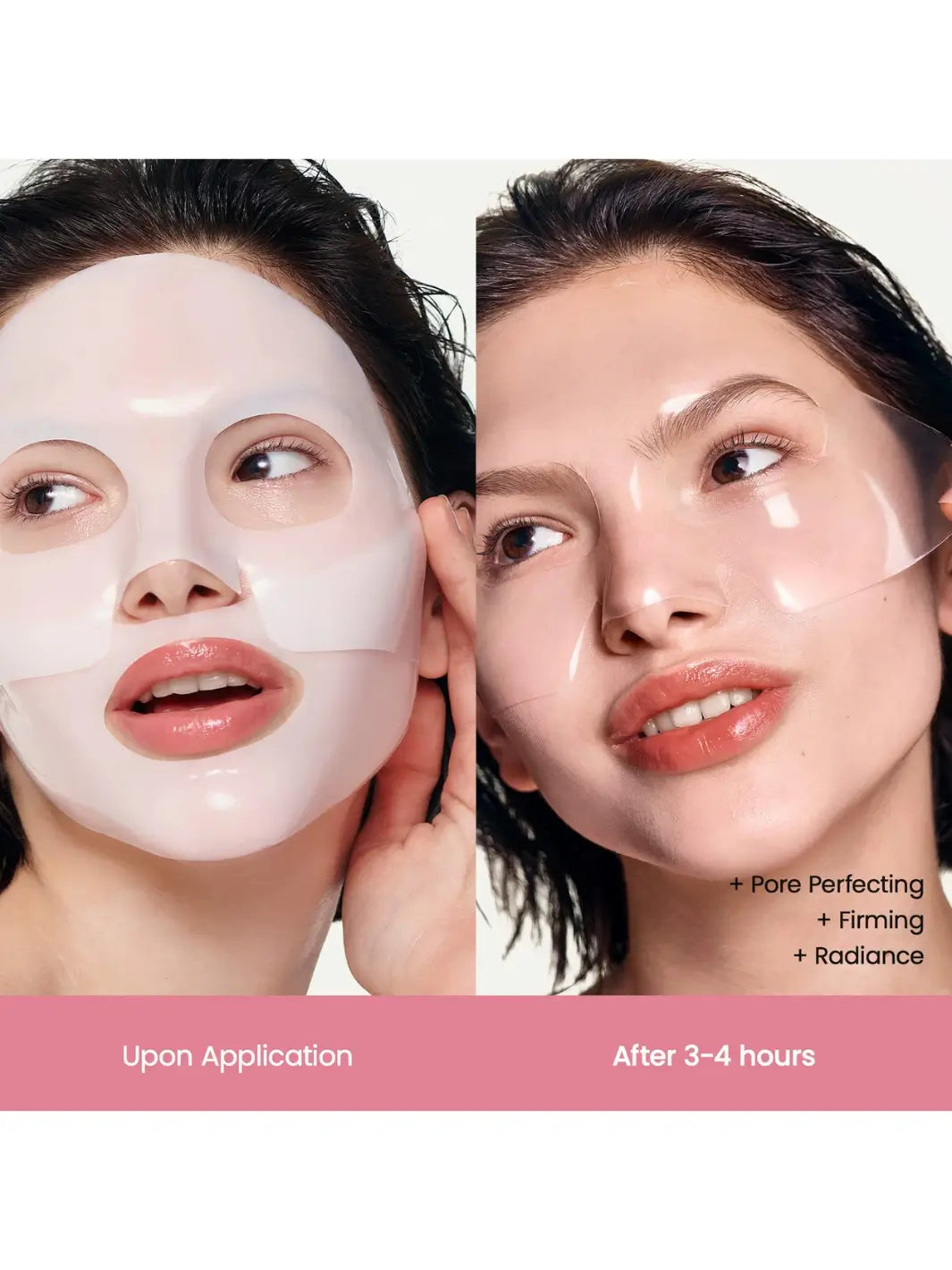 A side-by-side comparison demonstrates a woman wearing the white Biodance Bio - Collagen Real Deep Mask upon application next to its clear, transparent appearance after 3-4 hours | Twentyseven Toronto