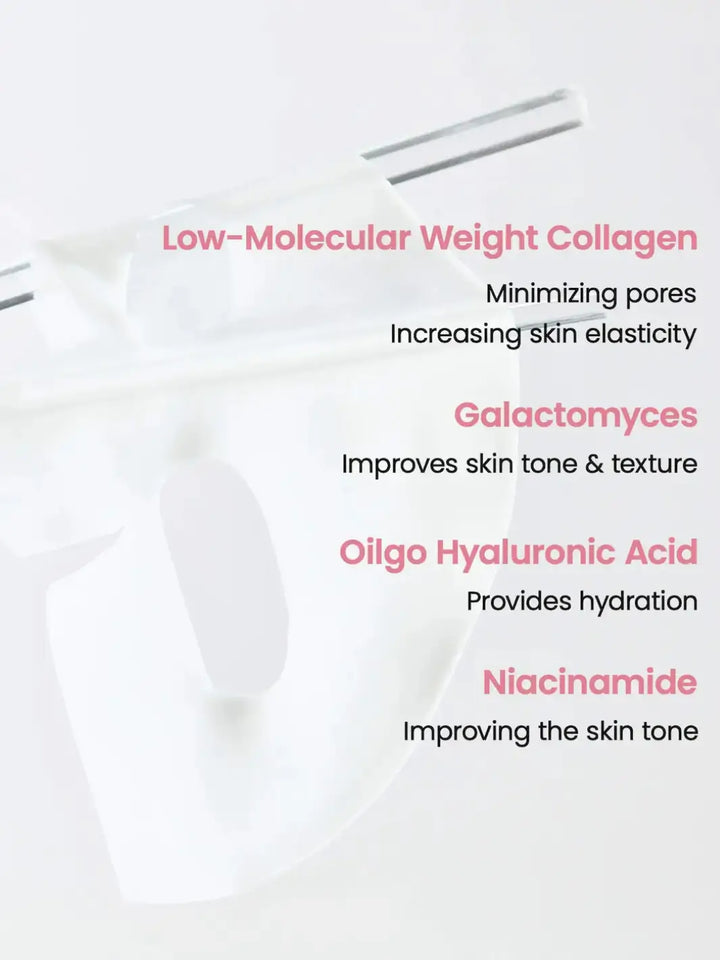 Infographic text details the skincare benefits of a white Biodance Bio - Collagen Real Deep Mask sheet, including low-molecular weight collagen and niacinamide | Twentyseven Toronto