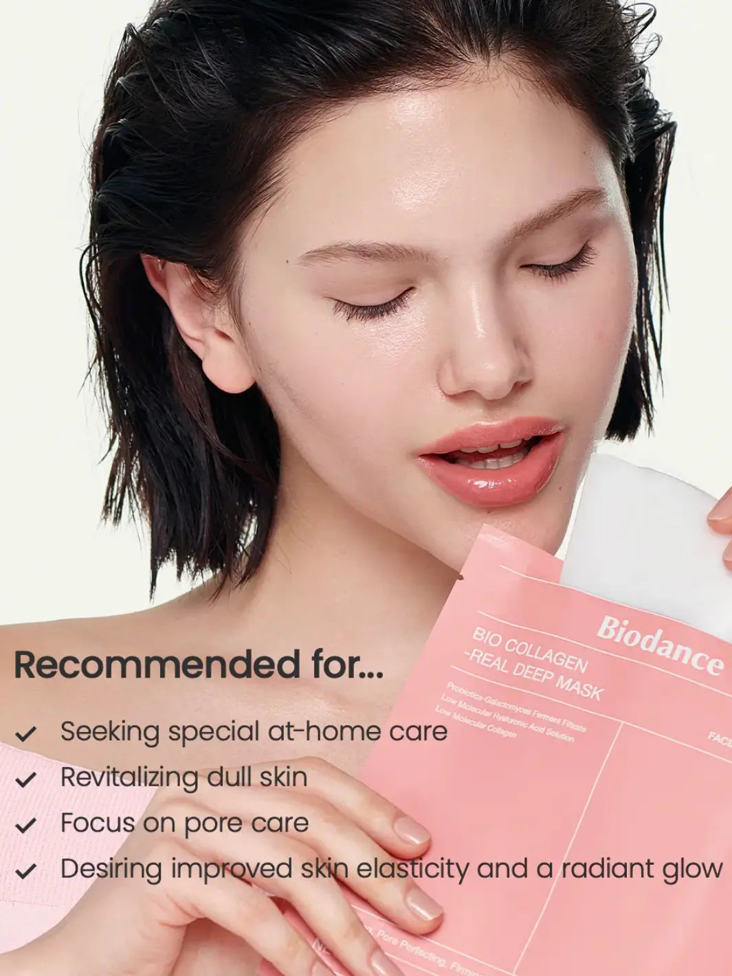A woman holding a pink product pouch looks down while showing the glowing, hydrated skin results of using the Biodance Bio - Collagen Real Deep Mask | Twentyseven Toronto