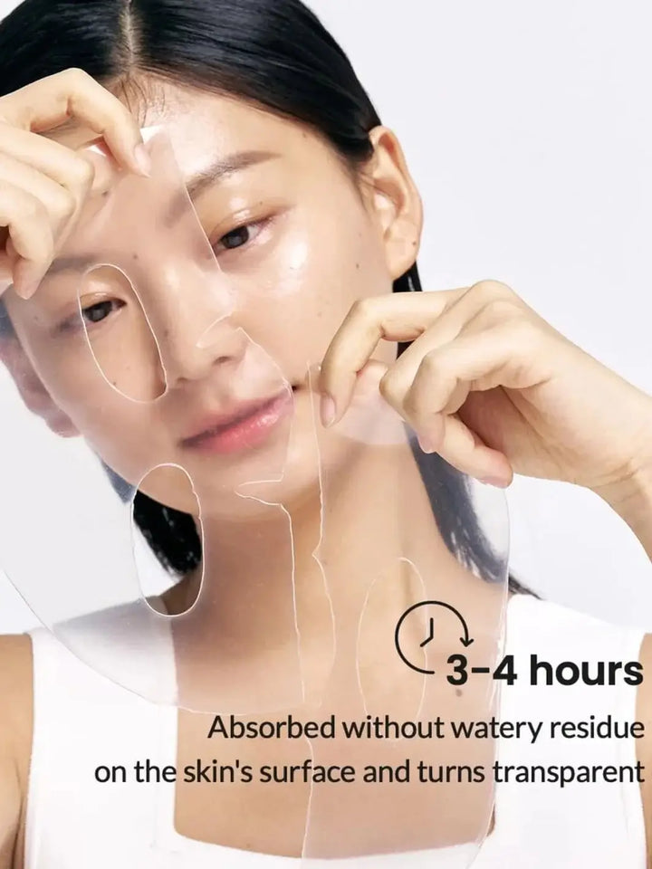 A woman peeling off a clear, transparent hydrogel Biodance Hydro Cera-nol Real Deep Sheet Mask after three to four hours of absorption | Twentyseven Toronto