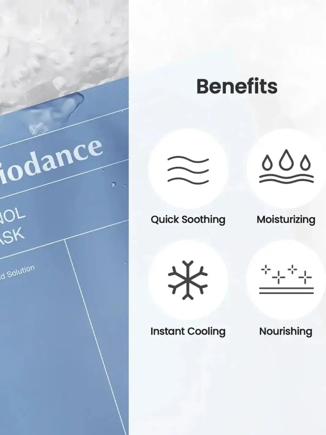 A graphic showcasing a light blue package of the Biodance Hydro Cera-nol Real Deep Sheet Mask next to four benefit icons for soothing, moisturizing, cooling, and nourishing | Twentyseven Toronto