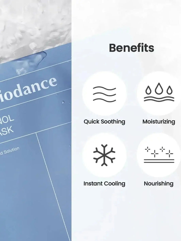 A graphic showcasing a light blue package of the Biodance Hydro Cera-nol Real Deep Sheet Mask next to four benefit icons for soothing, moisturizing, cooling, and nourishing | Twentyseven Toronto