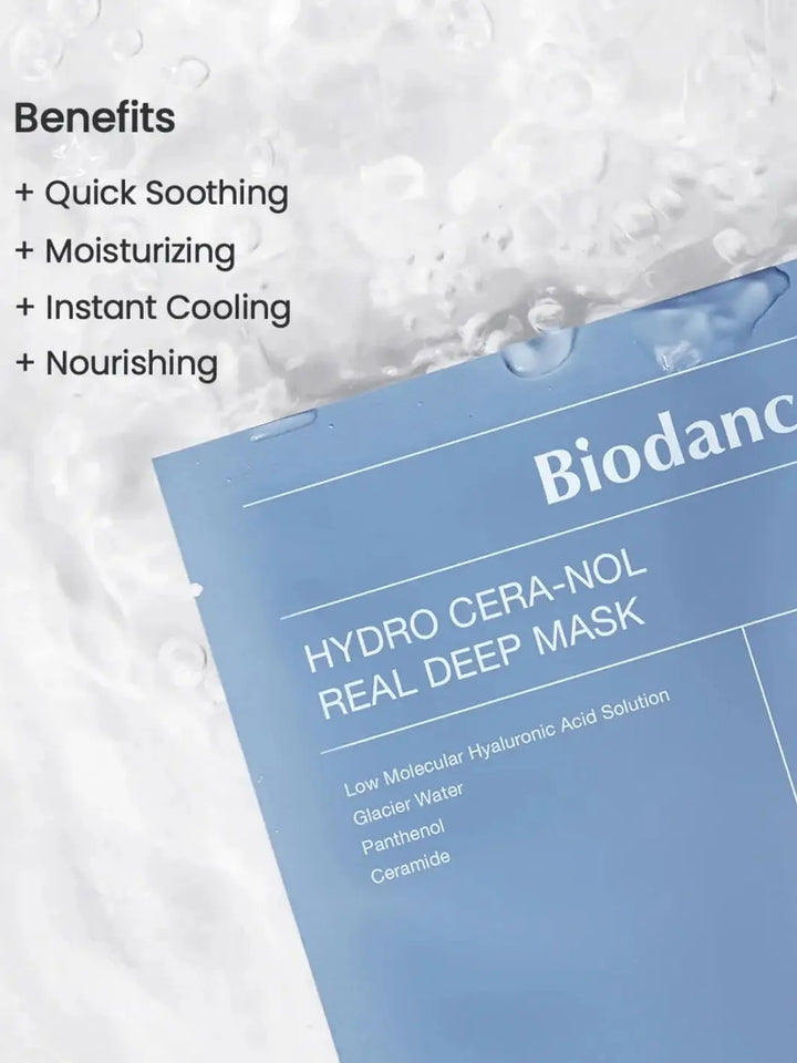 A light blue Biodance Hydro Cera-nol Real Deep Sheet Mask package resting under flowing water droplets, with its core benefits listed on the side | Twentyseven Toronto