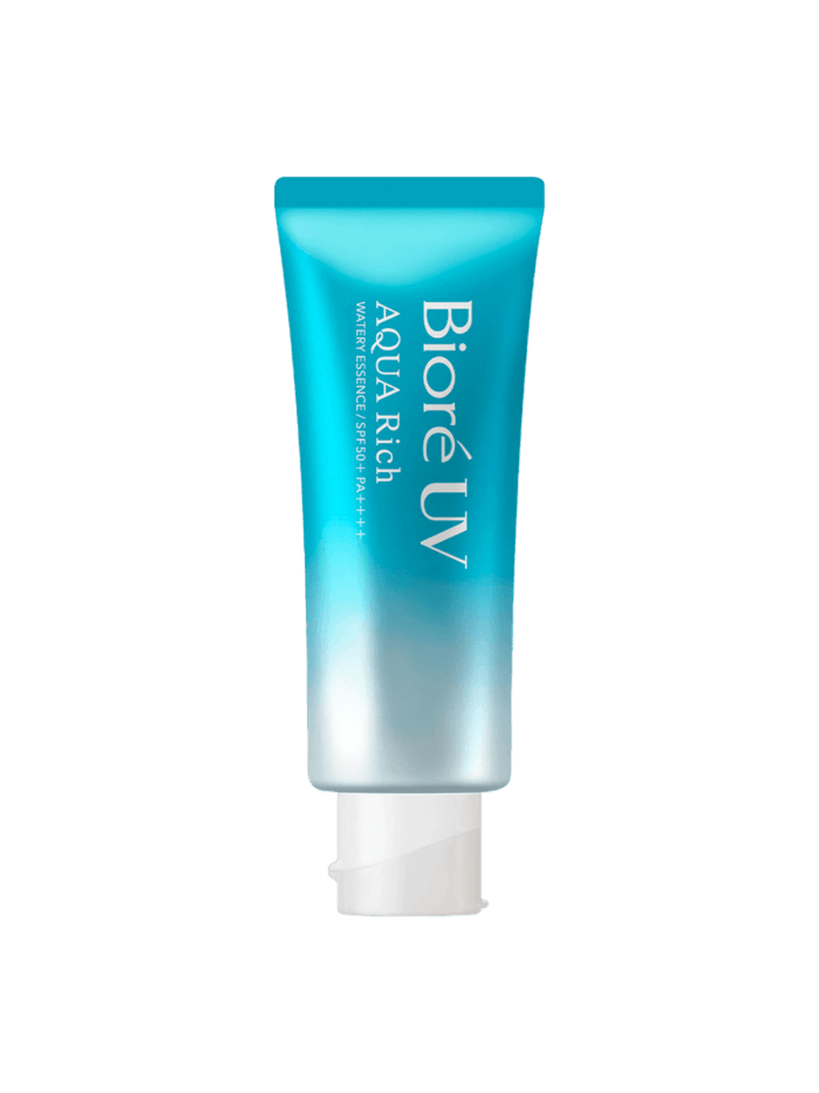 Biore UV Aqua Rich Watery Essence SPF50+ PA++++ blue sunscreen tube on a transparent background | Twentyseven Toronto