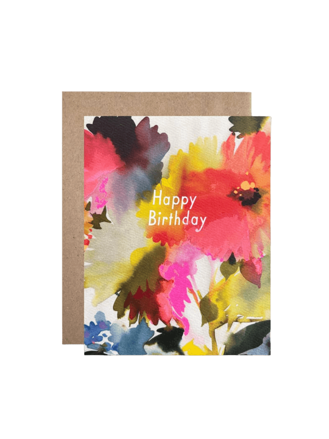The Hartland Cards Birthday Dahlias Card by Helen Dealtry features a gorgeous, hand-painted floral illustration of blooming dahlia flowers with vibrant neon accents on a textured white card, paired with a natural kraft paper envelope | Twentyseven