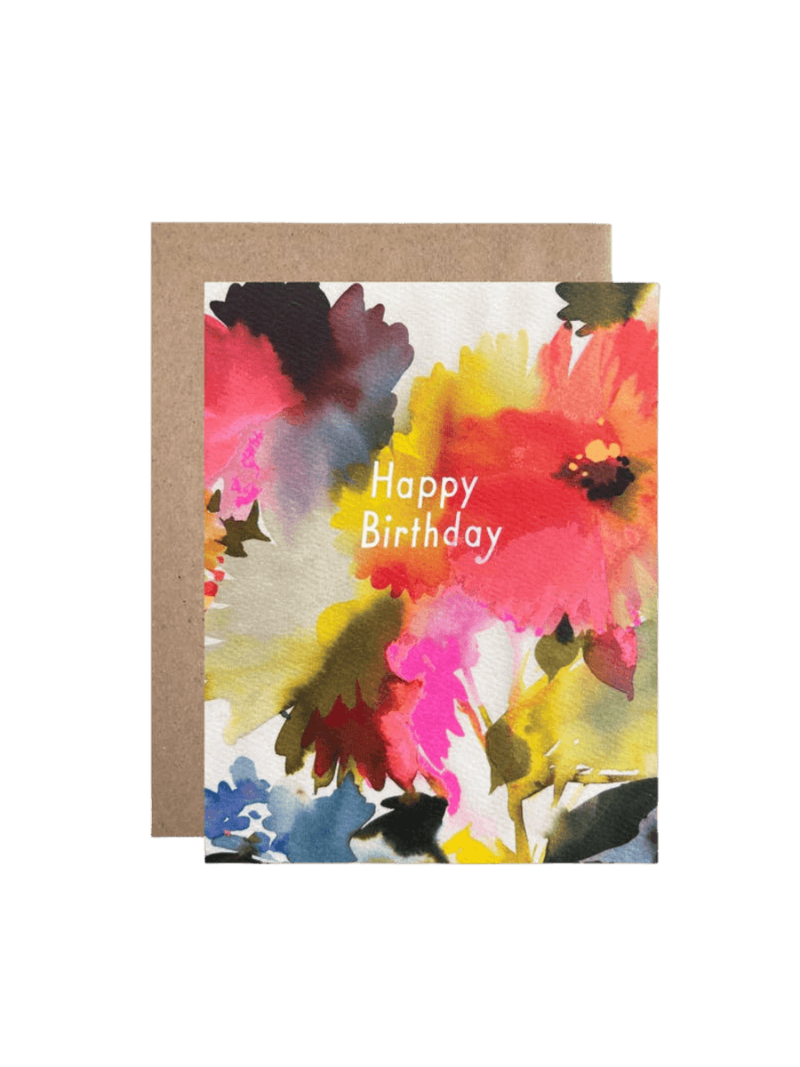 The Hartland Cards Birthday Dahlias Card by Helen Dealtry features a gorgeous, hand-painted floral illustration of blooming dahlia flowers with vibrant neon accents on a textured white card, paired with a natural kraft paper envelope | Twentyseven