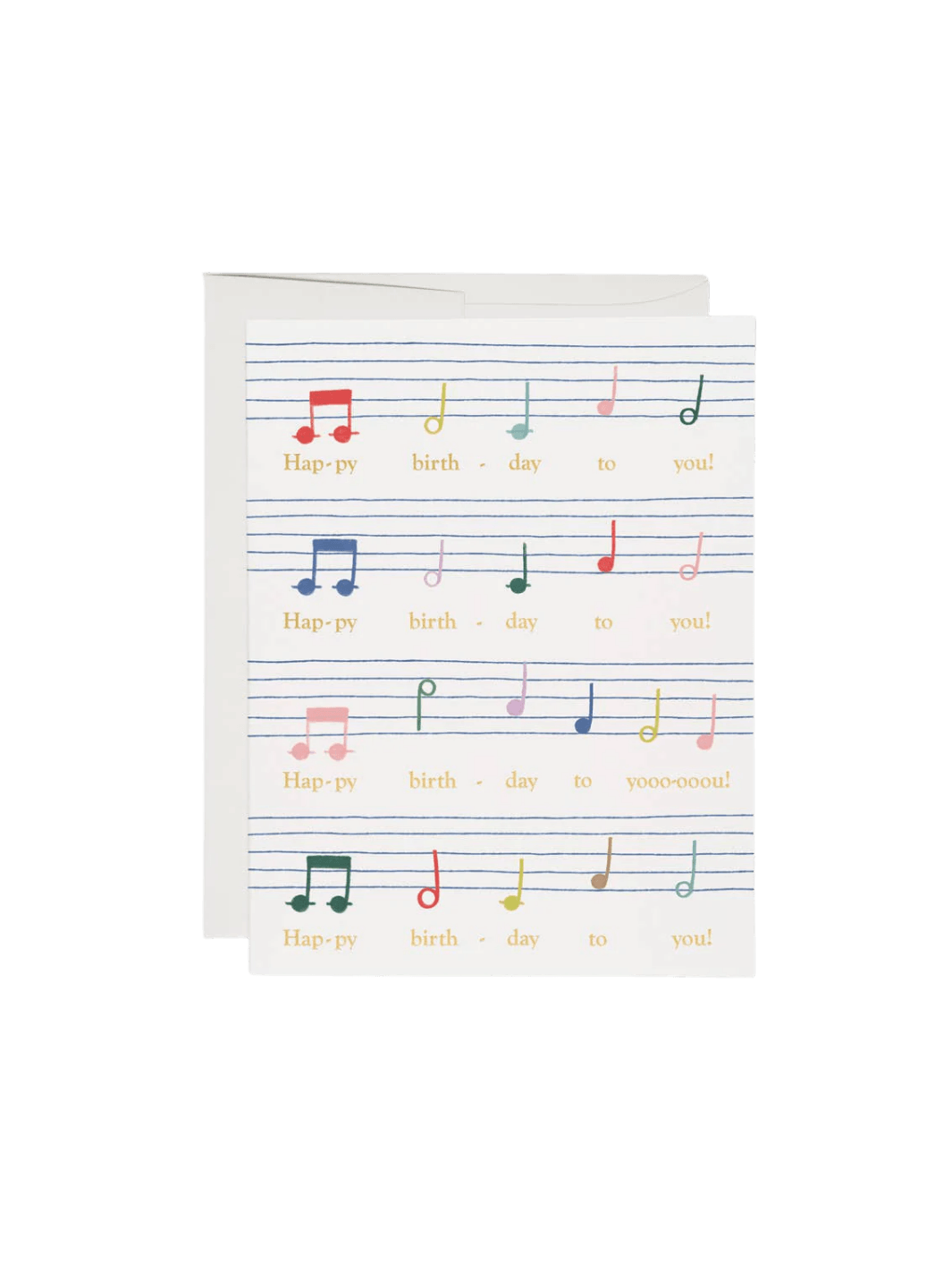 A Birthday Song Greeting Card by The House That Lars Built features a colorful illustration of sheet music lines and notes corresponding to the lyrics "Happy birthday to you," shown next to a white envelope | Twentyseven Toronto