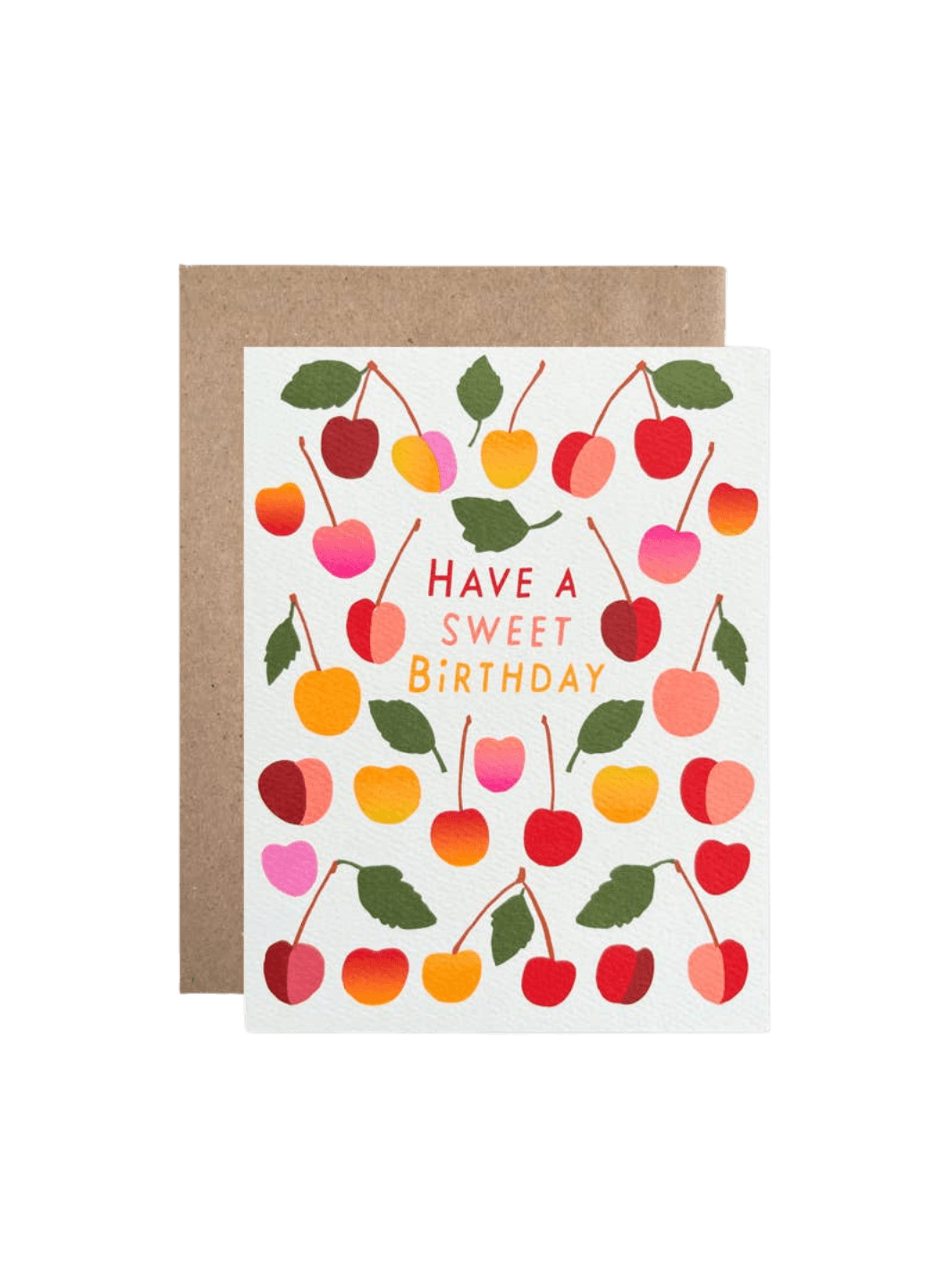 The Hartland Cards Birthday Sweet Cherries Card features a white background covered in colorful illustrated red, pink, orange, and yellow cherries with green leaves, framing the text "Have a Sweet Birthday" in red, pink, and yellow lettering, paired with a brown kraft envelop | Twentyseven