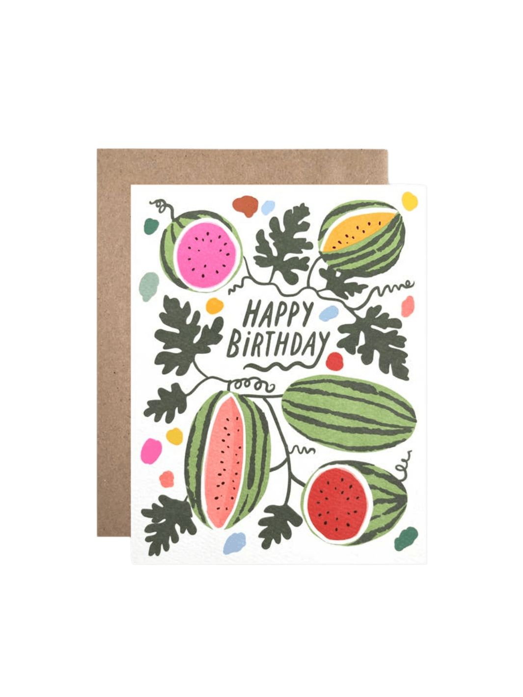 The Hartland Cards Birthday Watermelons Card features illustrated whole and sliced watermelons with pink, red, and yellow flesh growing on dark green vines, with "Happy Birthday" written in green in the center, paired with a brown kraft envelope | Twentyseven Toronto