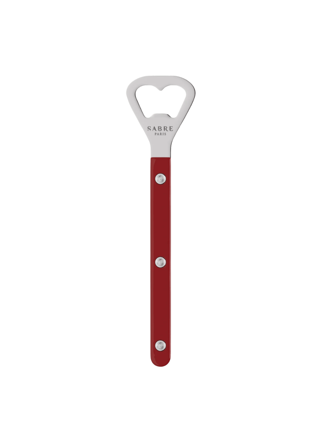 Sabre Paris Shiny Bistrot Solid Bottle Opener in Burgundy displaying the "Sabre Paris" logo engraved on the stainless steel head | Twentyseven Toronto