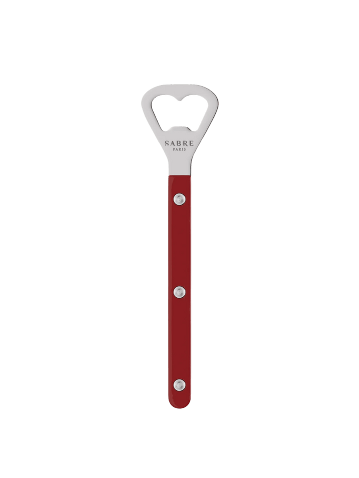 Sabre Paris Shiny Bistrot Solid Bottle Opener in Burgundy displaying the "Sabre Paris" logo engraved on the stainless steel head | Twentyseven Toronto