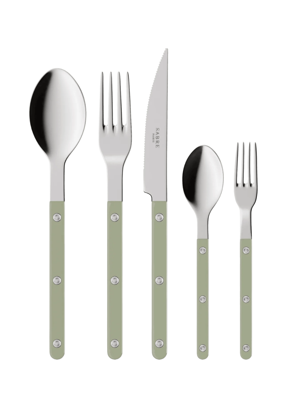 The complete Sabre Paris Bistrot Solid Shiny 5 Piece Cutlery Set in Asparagus including a soup spoon, a dinner fork, a serrated dinner knife blade, a teaspoon and a small fork | Twentyseven Toronto