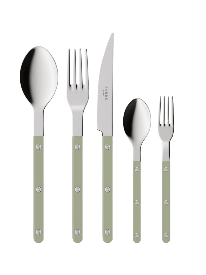 The complete Sabre Paris Bistrot Solid Shiny 5 Piece Cutlery Set in Asparagus including a soup spoon, a dinner fork, a serrated dinner knife blade, a teaspoon and a small fork | Twentyseven Toronto